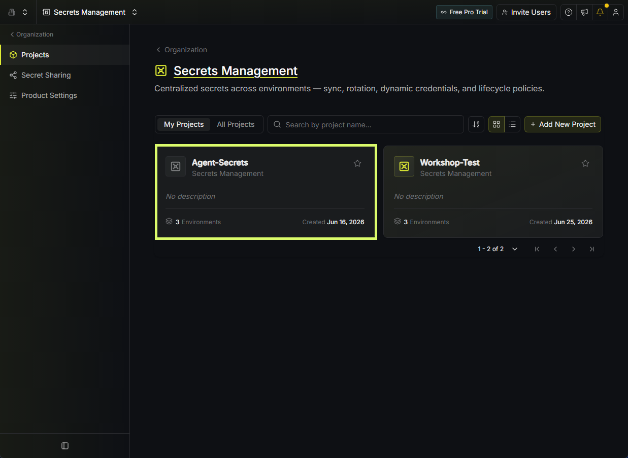 Secrets Management project list with the Agent-Secrets project highlighted