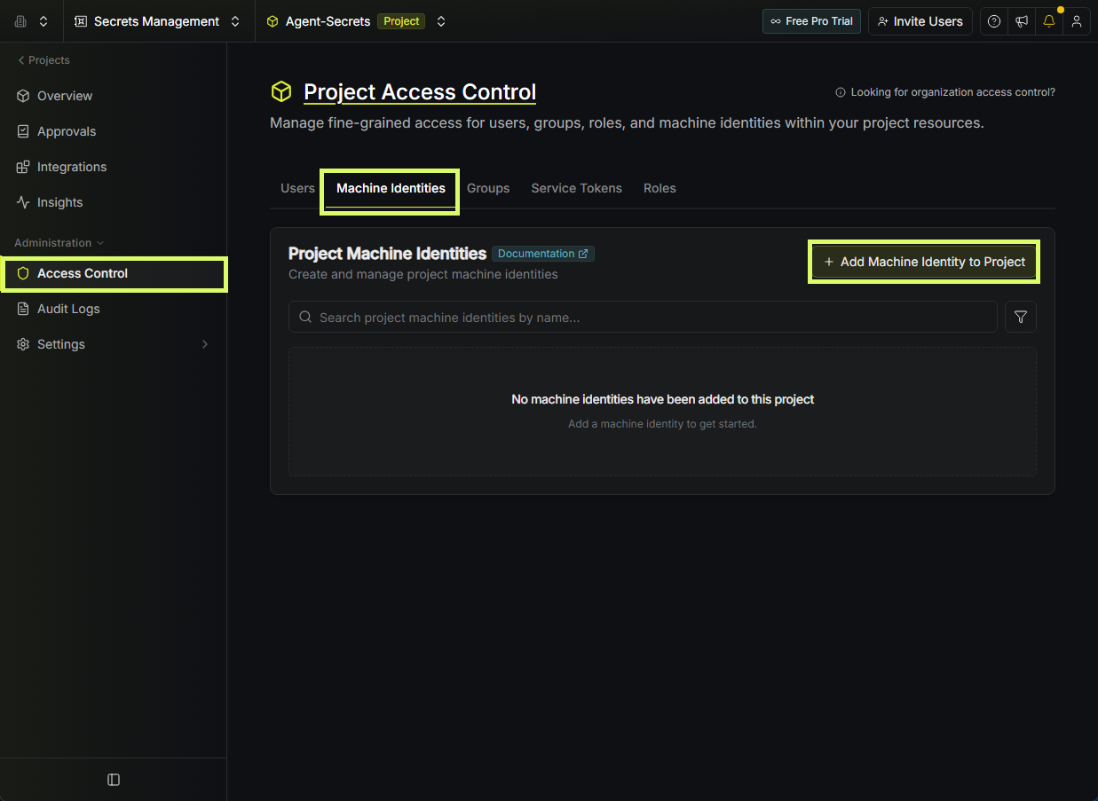 Project Access Control, Machine Identities tab, Add Machine Identity to Project