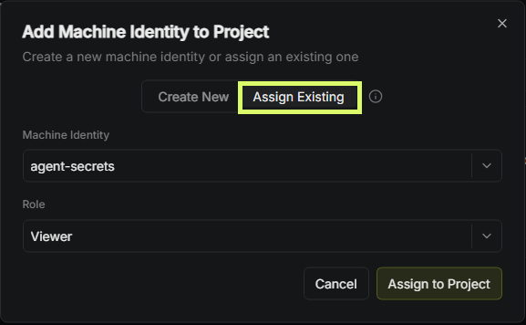 Add Machine Identity modal, Assign Existing tab, agent-secrets selected, Viewer role