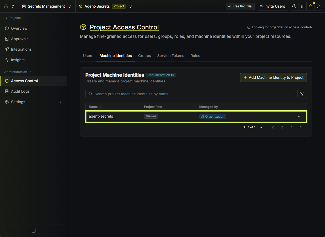 Project Machine Identities list showing agent-secrets with the Viewer role
