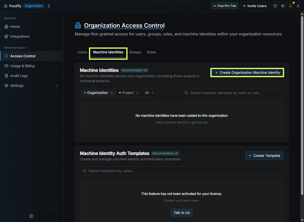 Organization Access Control with the Machine Identities tab and Create button highlighted
