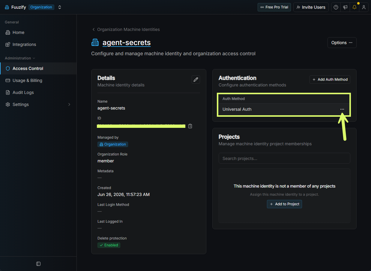 Identity detail page with the three-dot menu next to Universal Auth