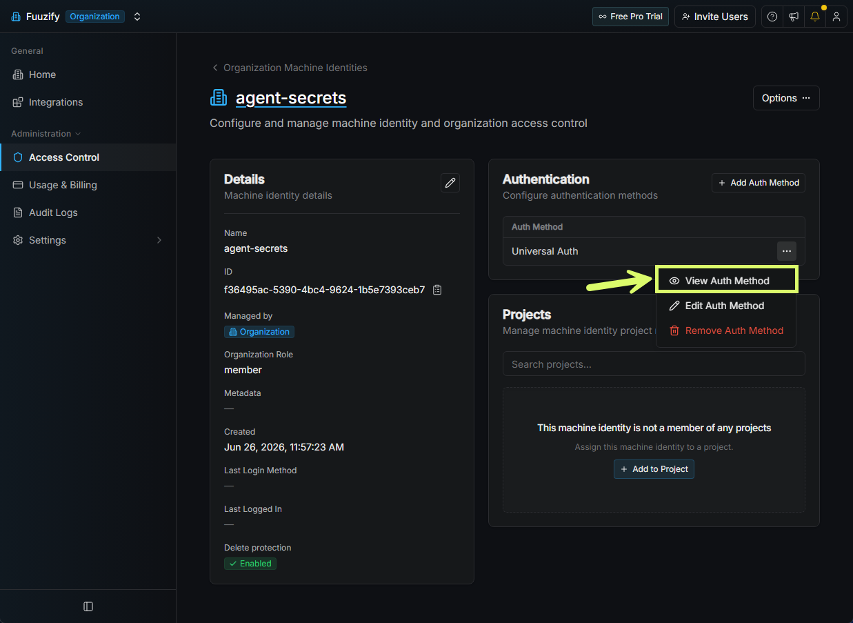 Dropdown showing the View Auth Method option