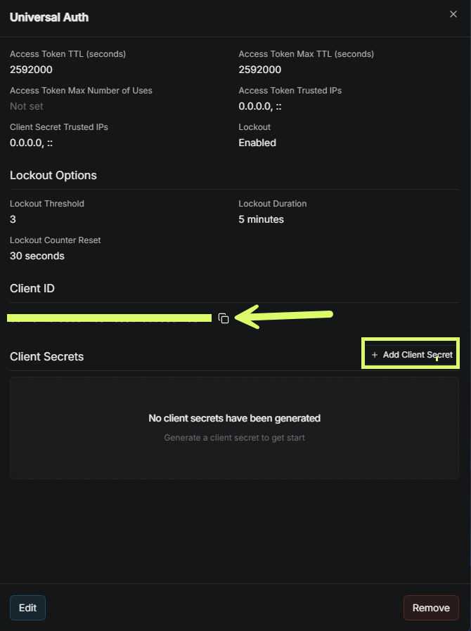 Universal Auth panel with the Client ID highlighted and the Add Client Secret button