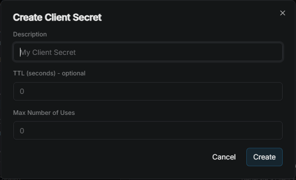 Create Client Secret dialog with the TTL field