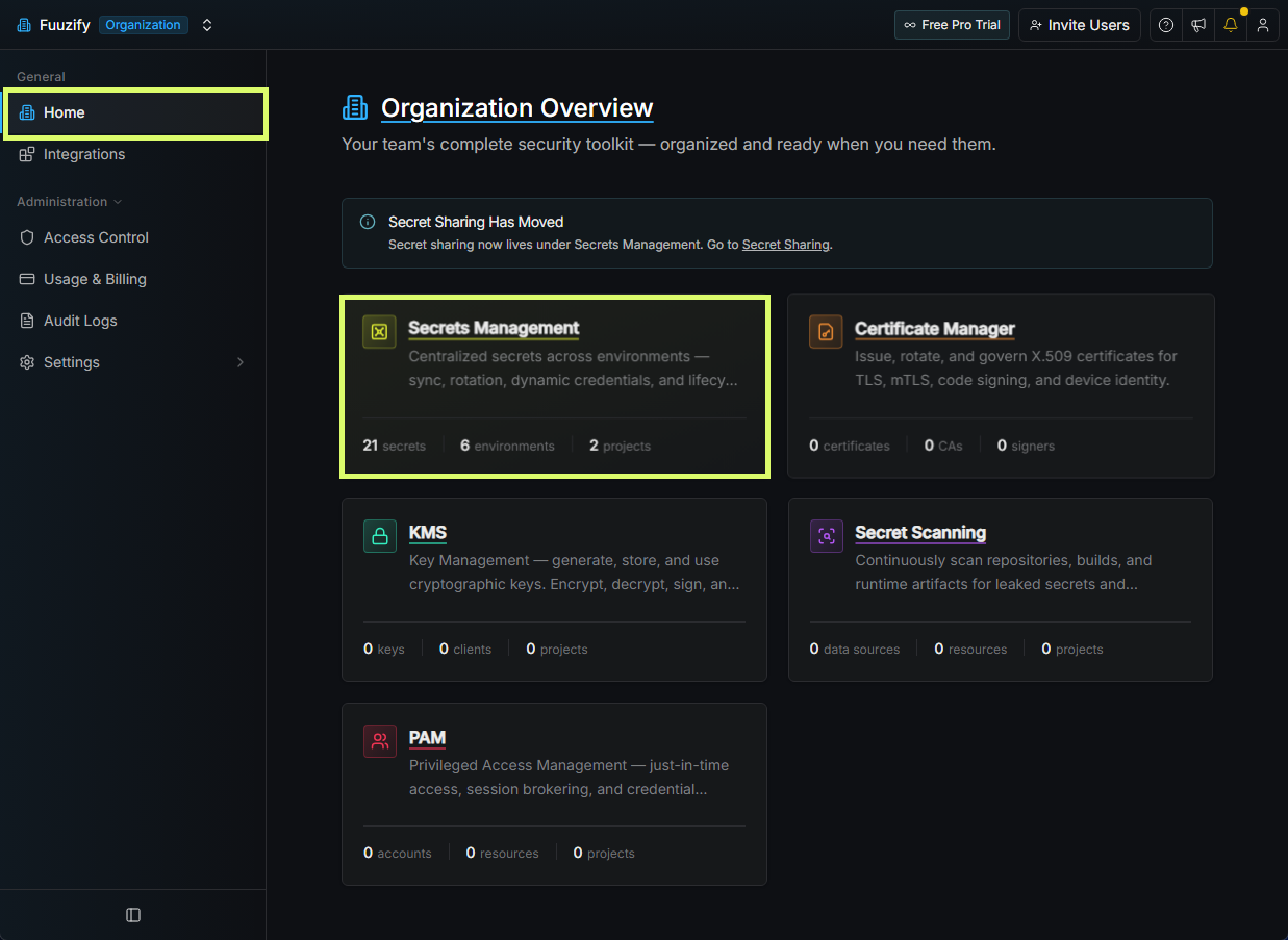 Organization home with Secrets Management highlighted