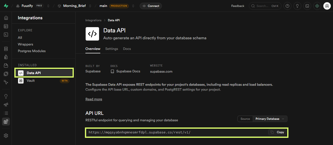 Supabase Data API page showing the project API URL