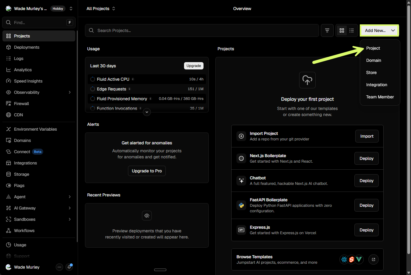 Vercel dashboard with the Add New dropdown open and Project highlighted