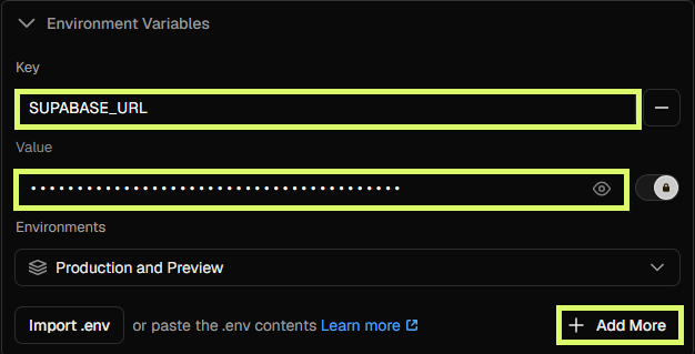 A variable being filled in: Key, Value, and the Add More button