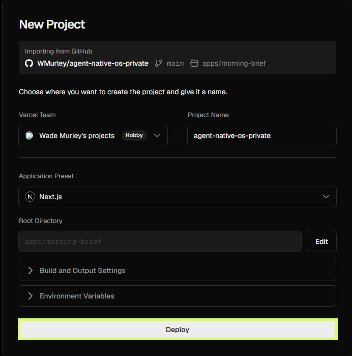 Completed New Project form with the Deploy button highlighted