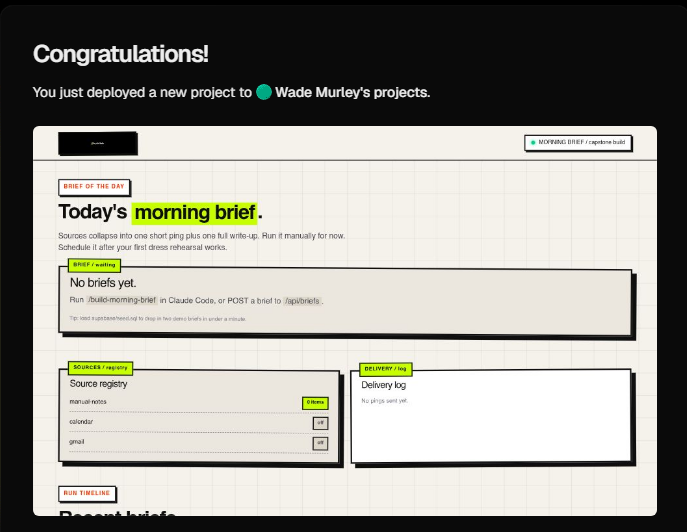 Vercel congratulations screen showing the deployed Morning Brief app