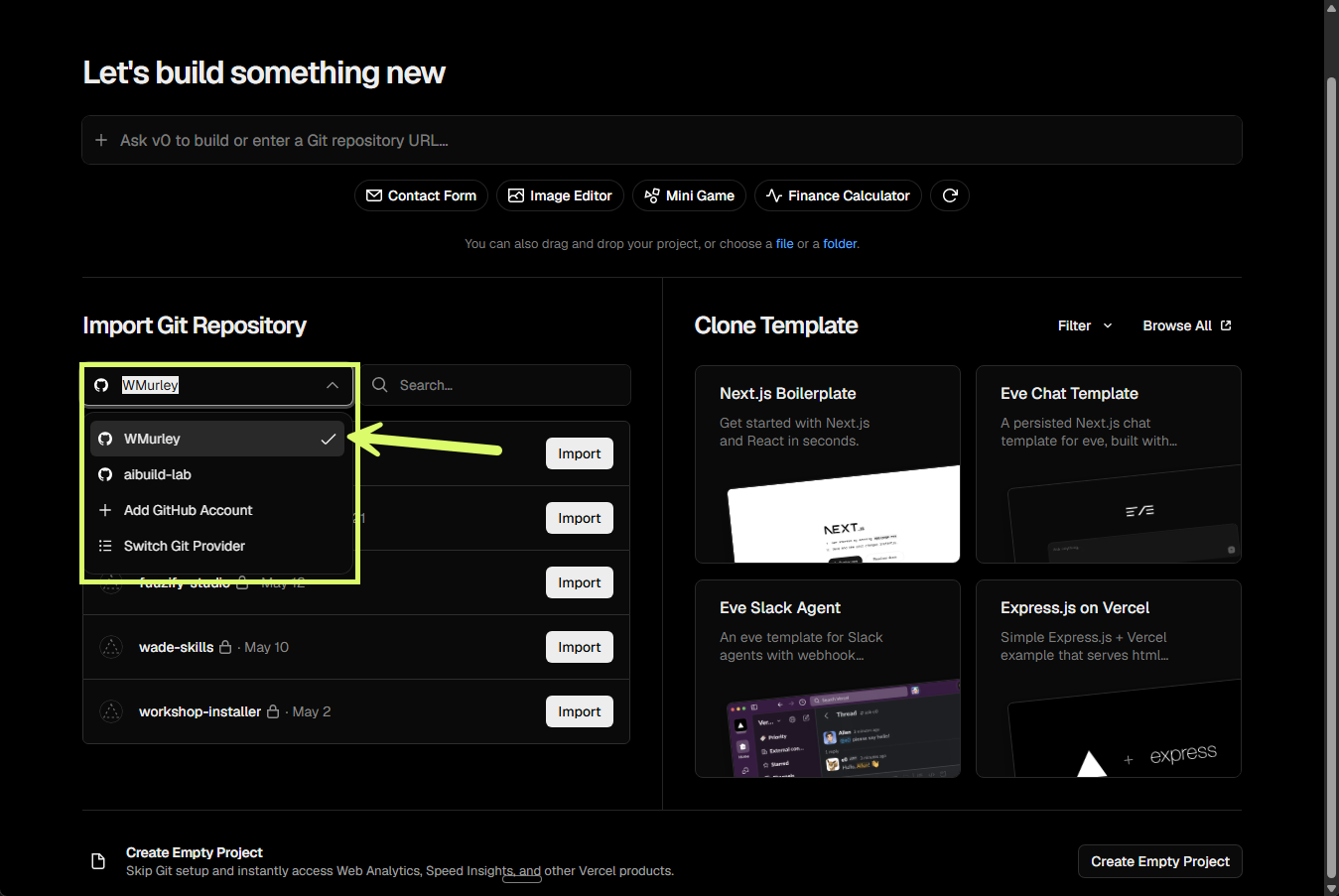 GitHub account picker with the personal account selected