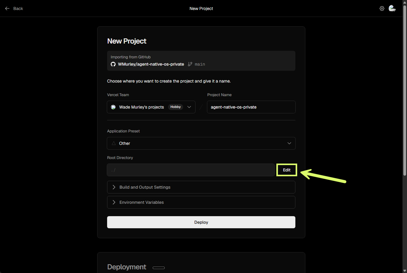New Project form with the Edit button on Root Directory highlighted