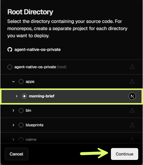 Root Directory tree picker with apps/morning-brief selected