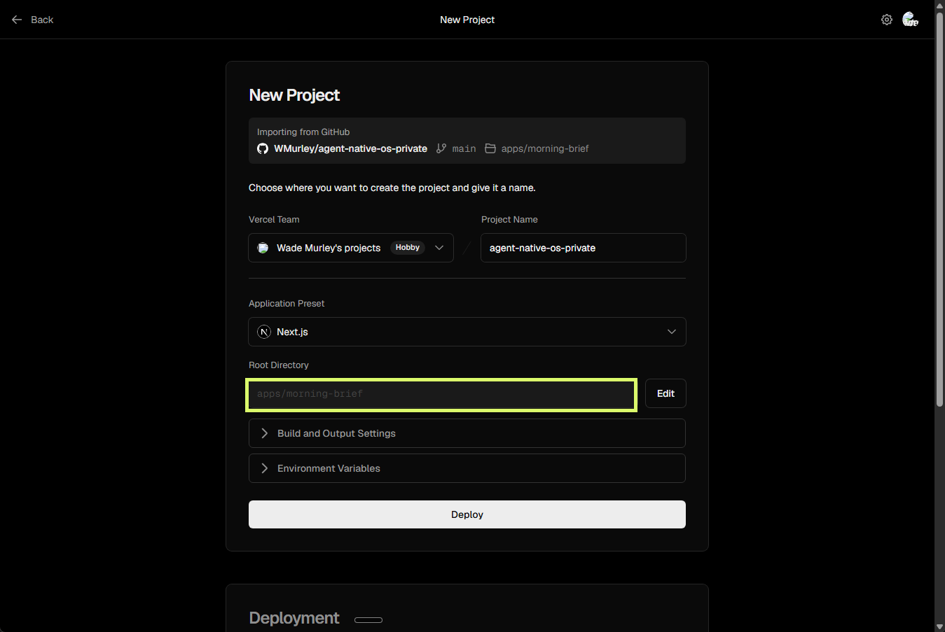 New Project form with Next.js preset detected and root set to apps/morning-brief