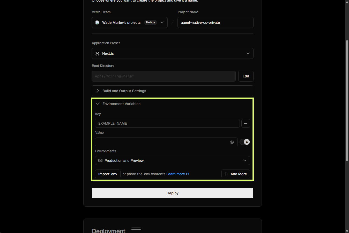 New Project form with the Environment Variables section expanded