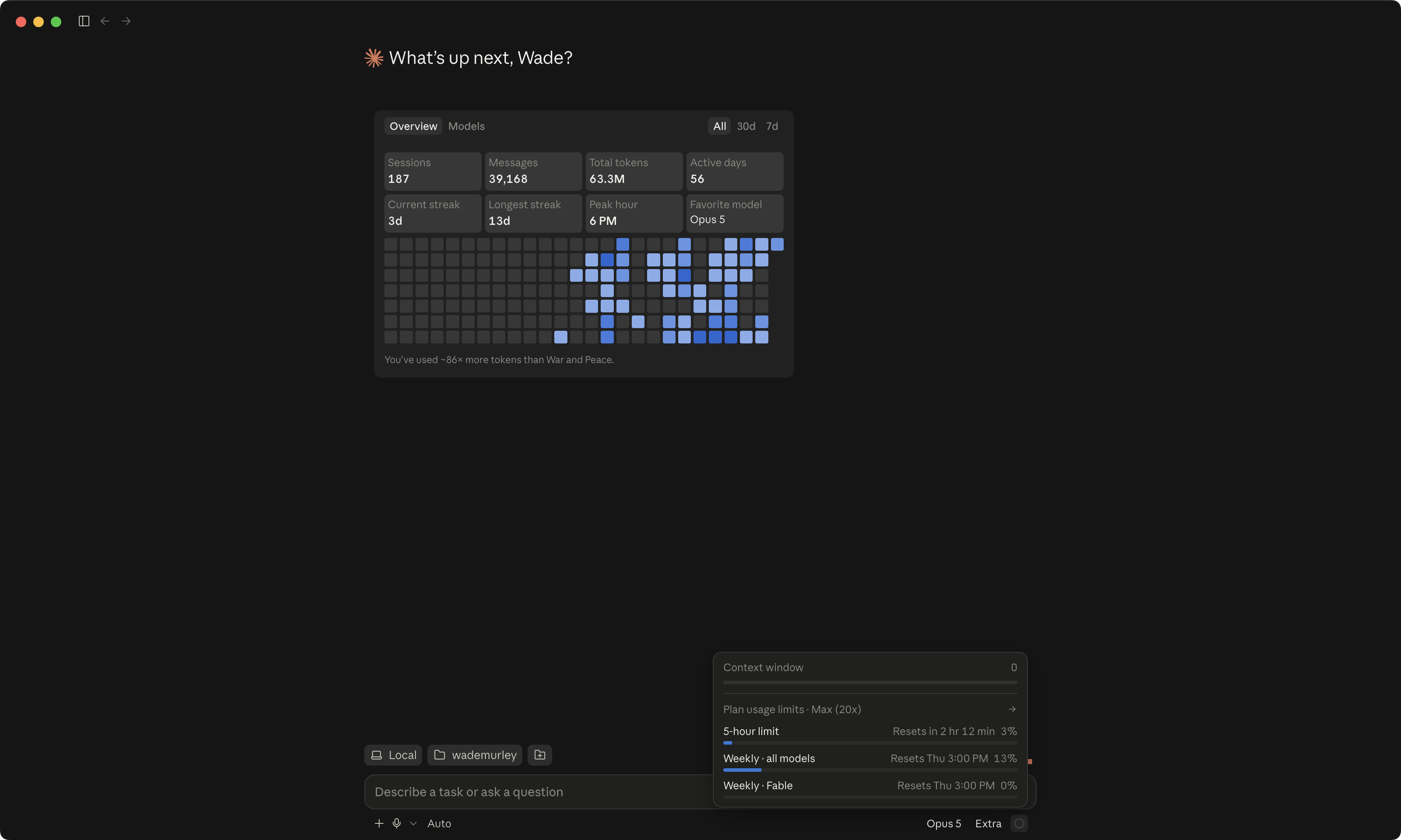 The account usage page with the five-hour meter and the weekly meter, numbers blurred.