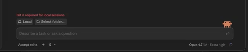 Claude Desktop without Git: the red line above the box where you type, 'Git is required for local sessions.', with Select folder greyed out.