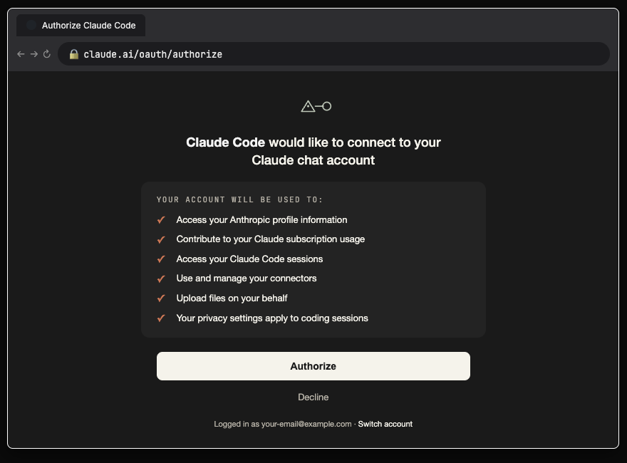 claude.ai/oauth/authorize: 'Claude Code would like to connect to your Claude chat account' with the Authorize button. Claude route only.