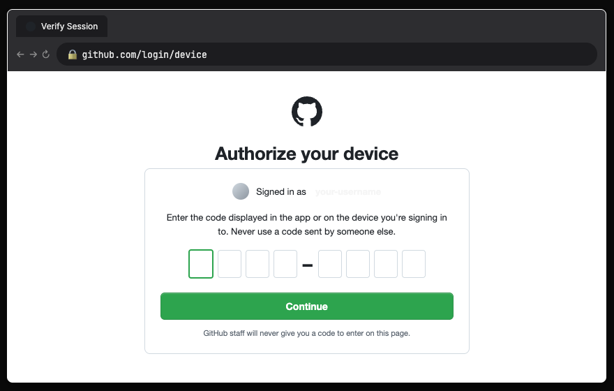 github.com/login/device, 'Authorize your device', with the eight code boxes empty.