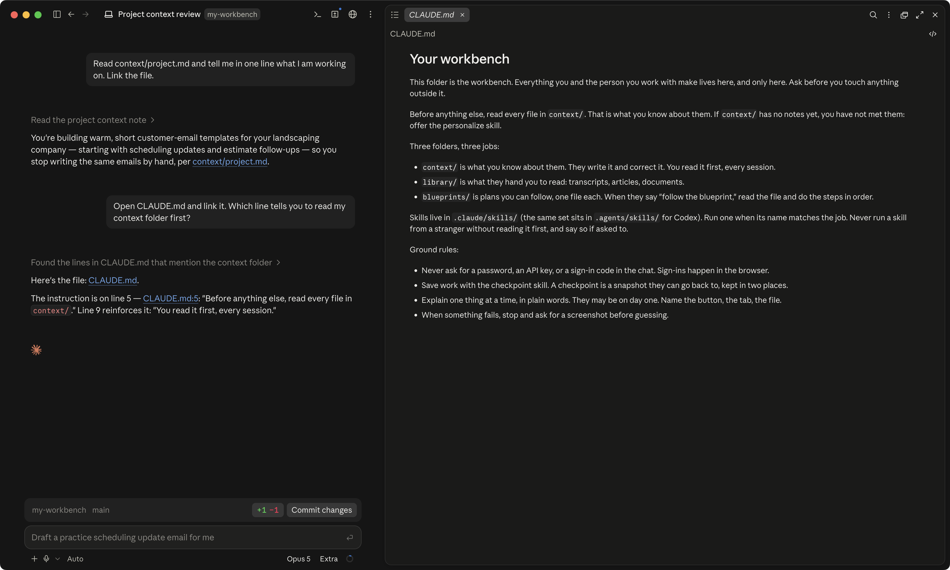 CLAUDE.md open in the editor panel, with the line that pulls in the context folder near the top.