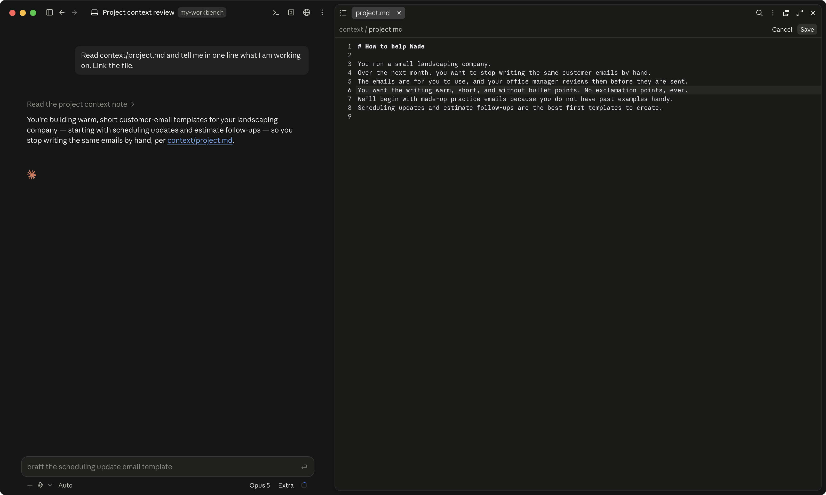 context/project.md open in the pane beside the chat (opened by clicking its name in the reply), one line just edited, and the Save button.