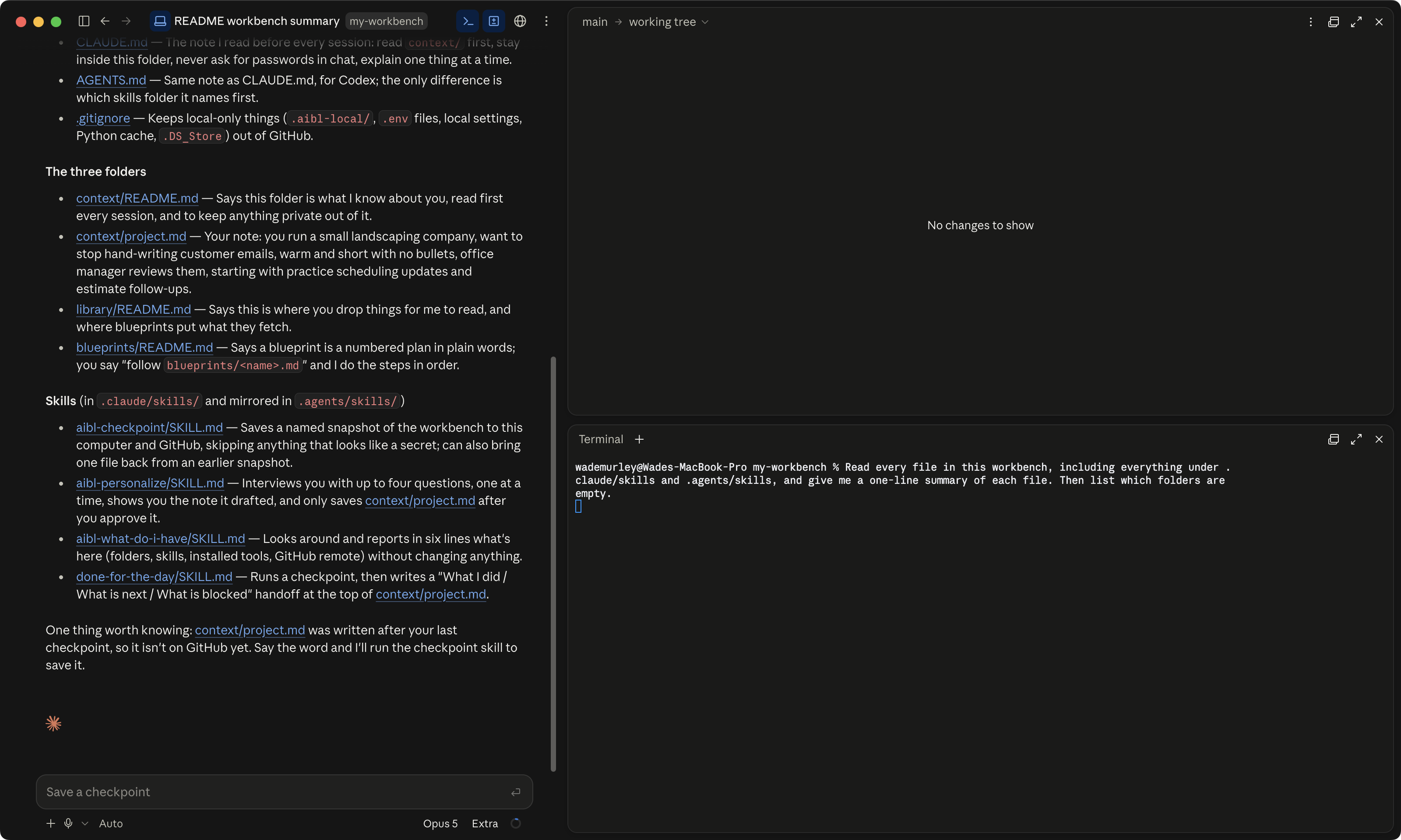 A Claude Desktop session on my-workbench after a few exchanges: the small context ring near the composer visibly part-filled (about a third)