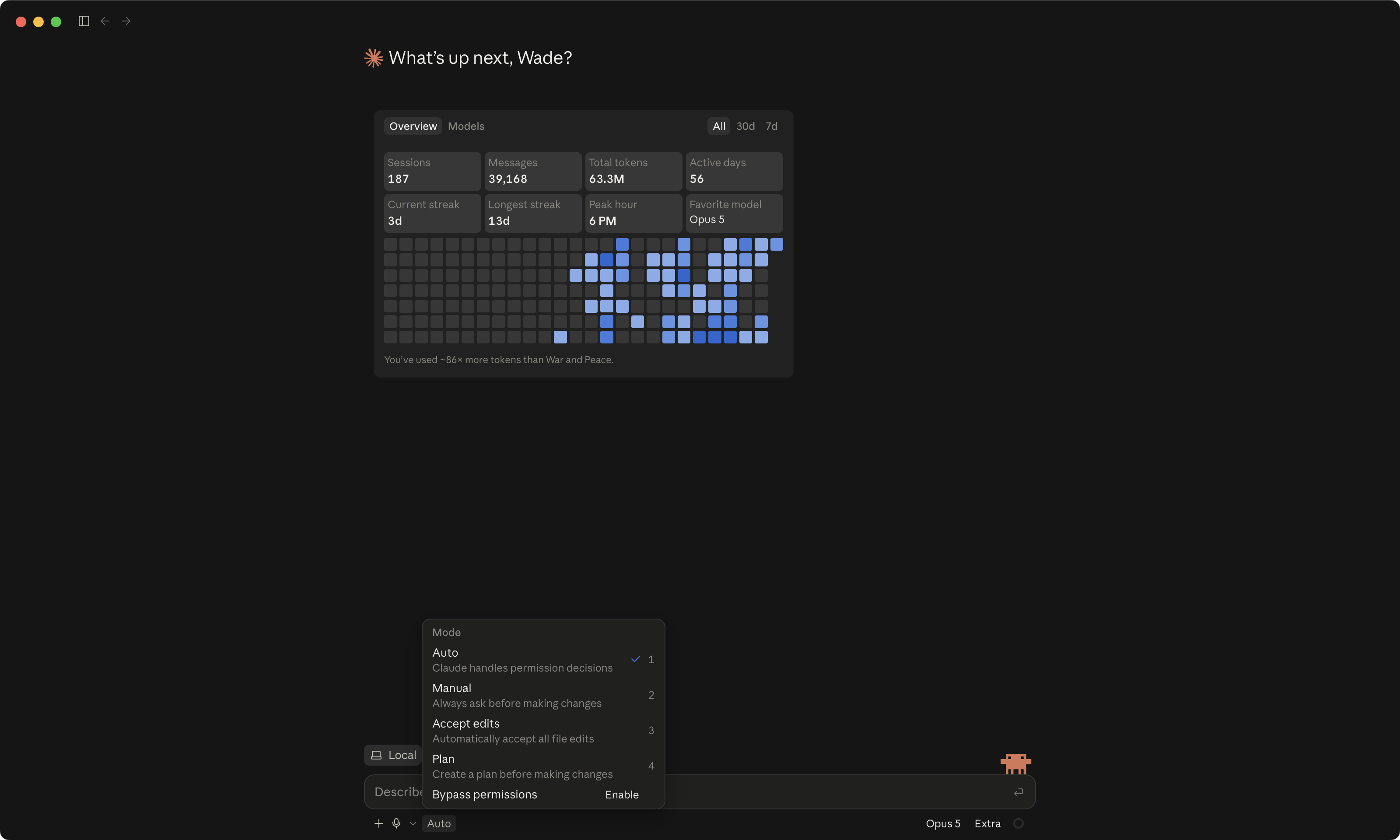 The mode menu open at the bottom left of the box where you type, with Auto checked and Plan as the fourth item.
