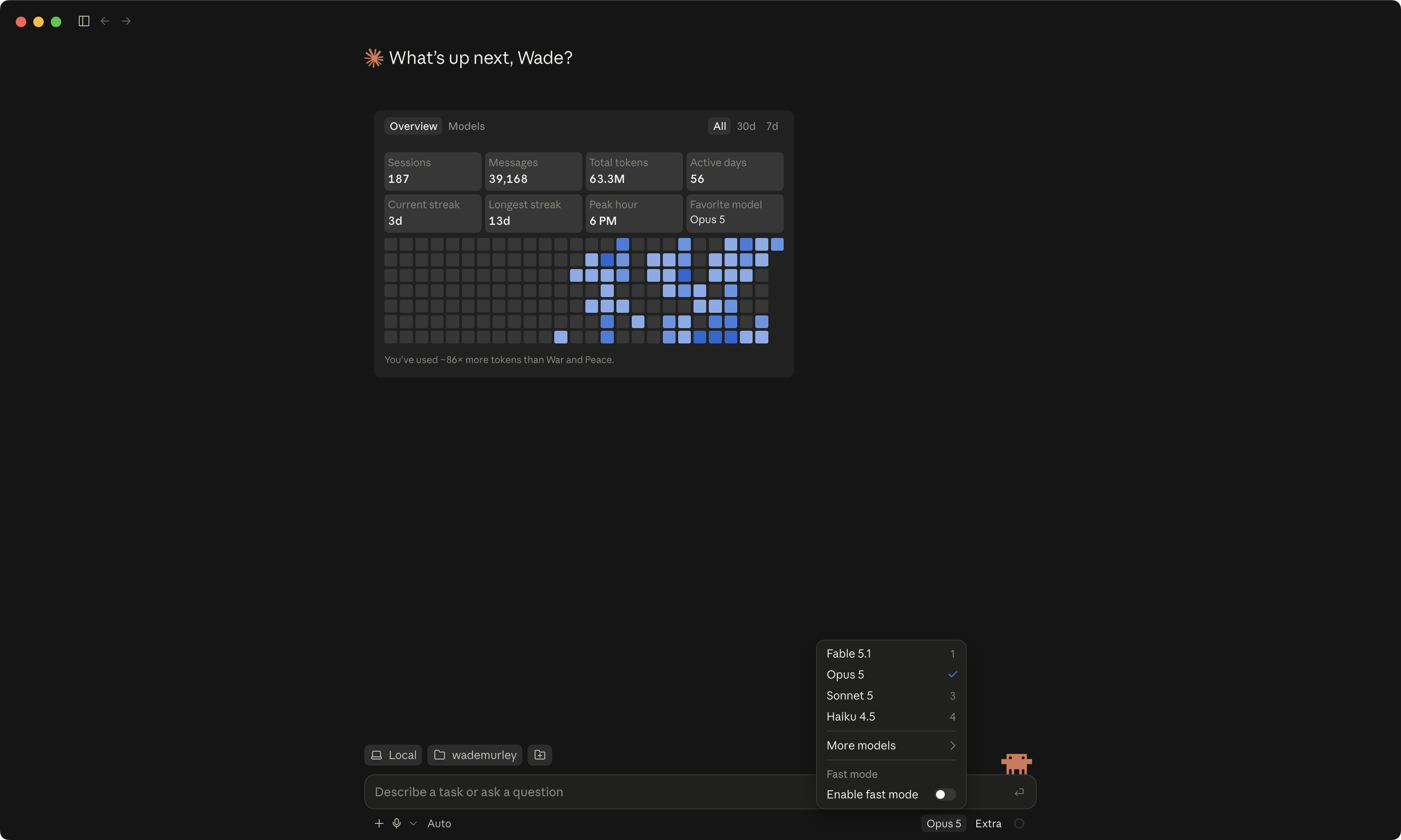 The model and effort picker open beside the mode, with the default selected and nothing changed.