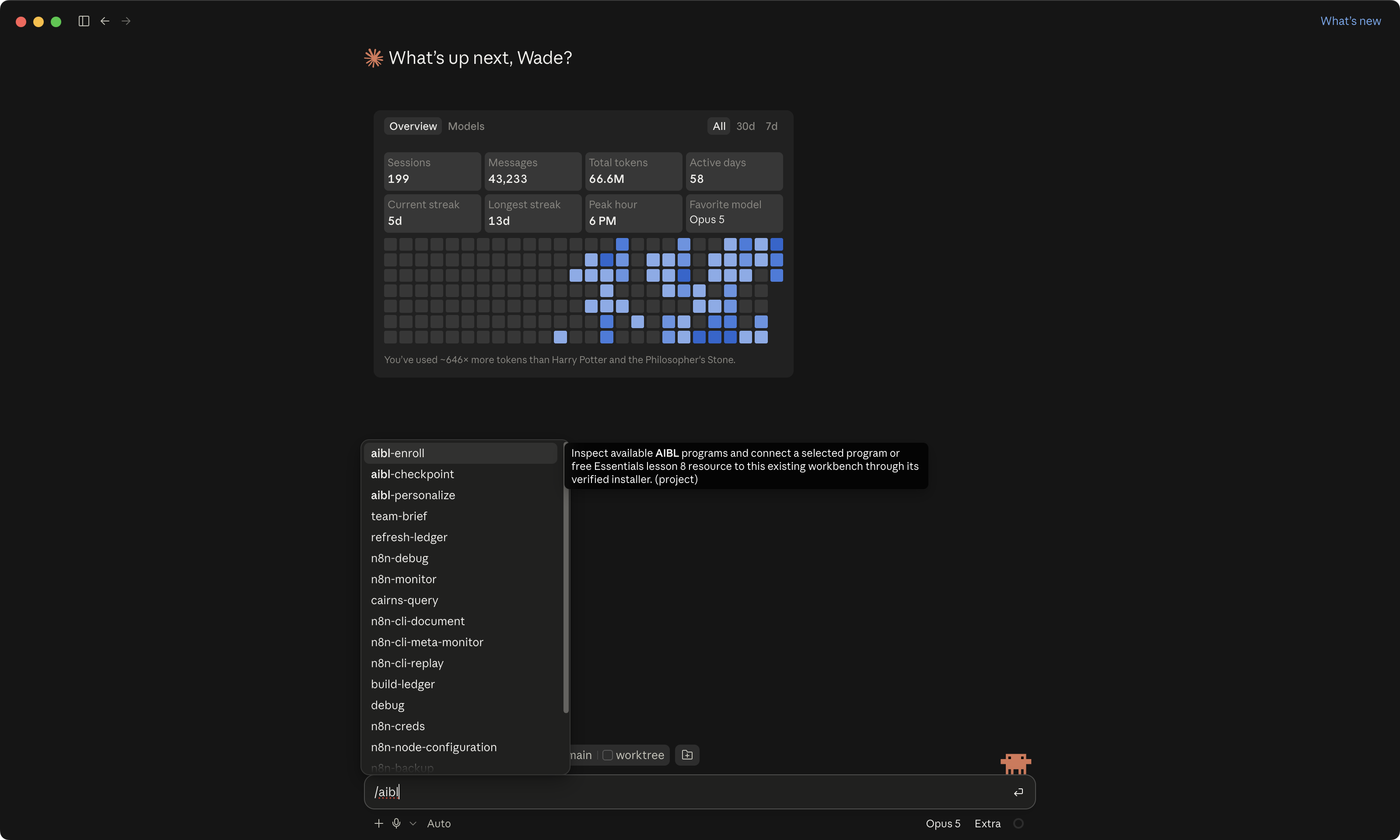 A forward slash typed in the box where you type, so the command menu is open with the workbench's aibl- skills listed.