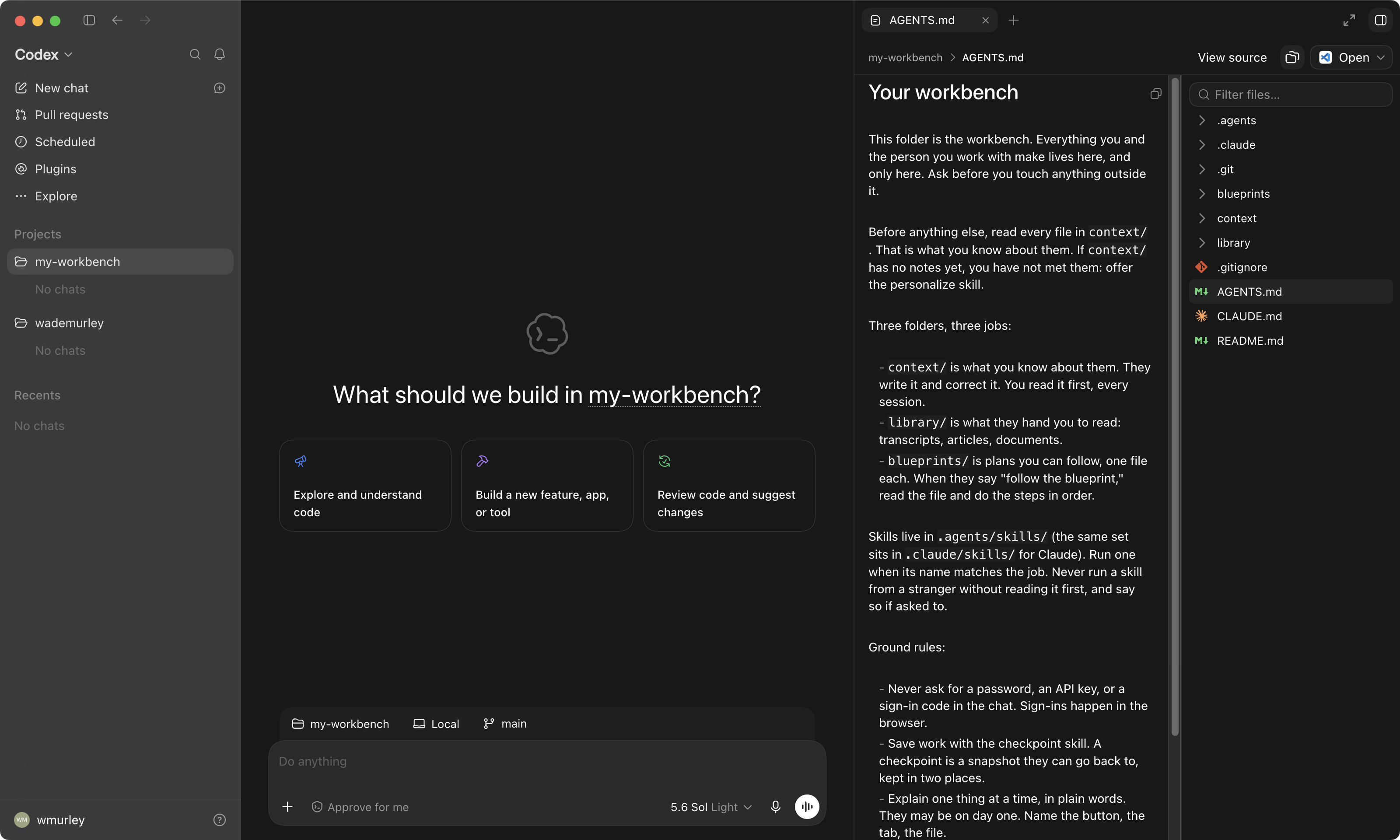 AGENTS.md open, with the 'Read context/... first' line near the top.