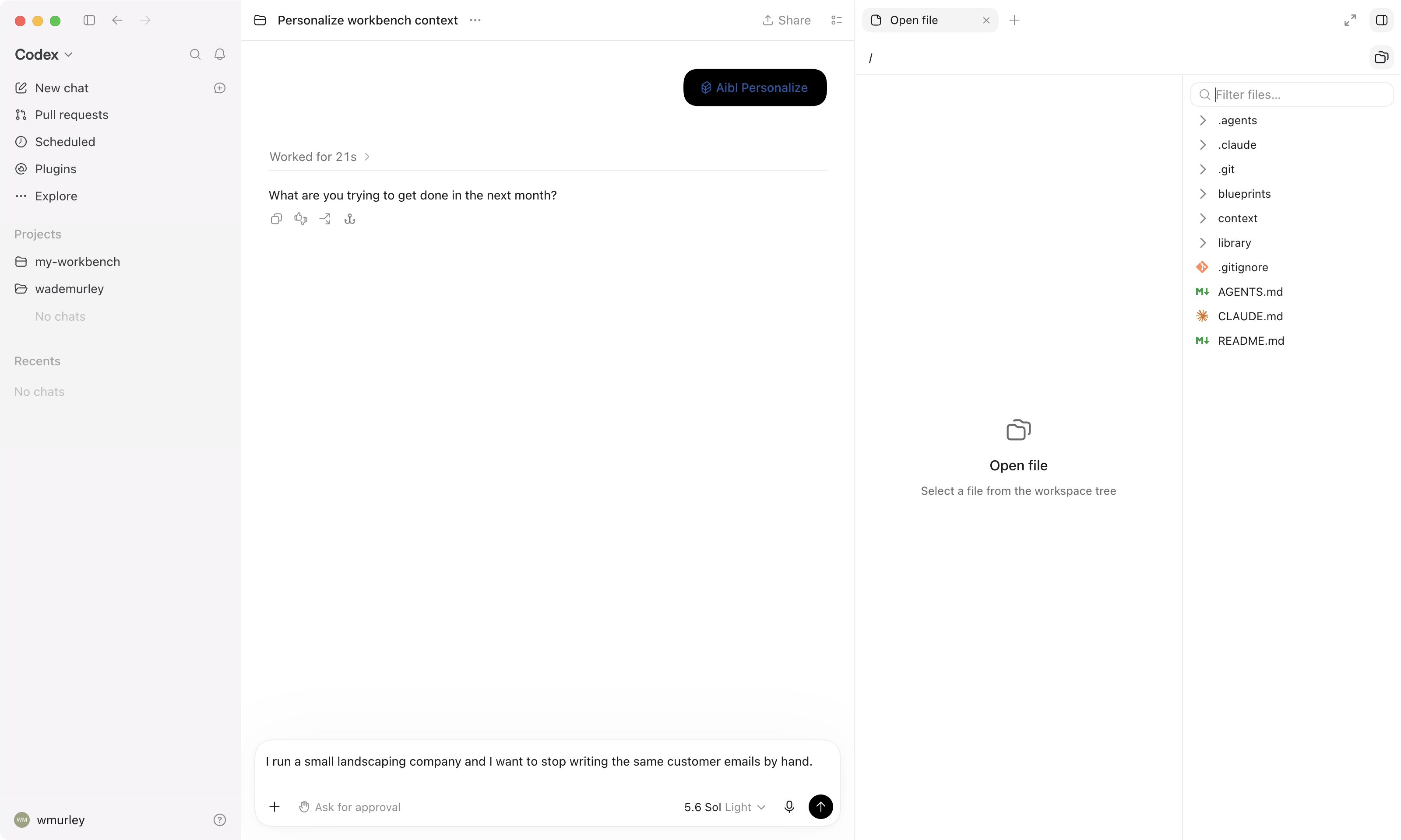 The same interview moment in Codex: one question on screen, a short answer typed, and the context folder visible.