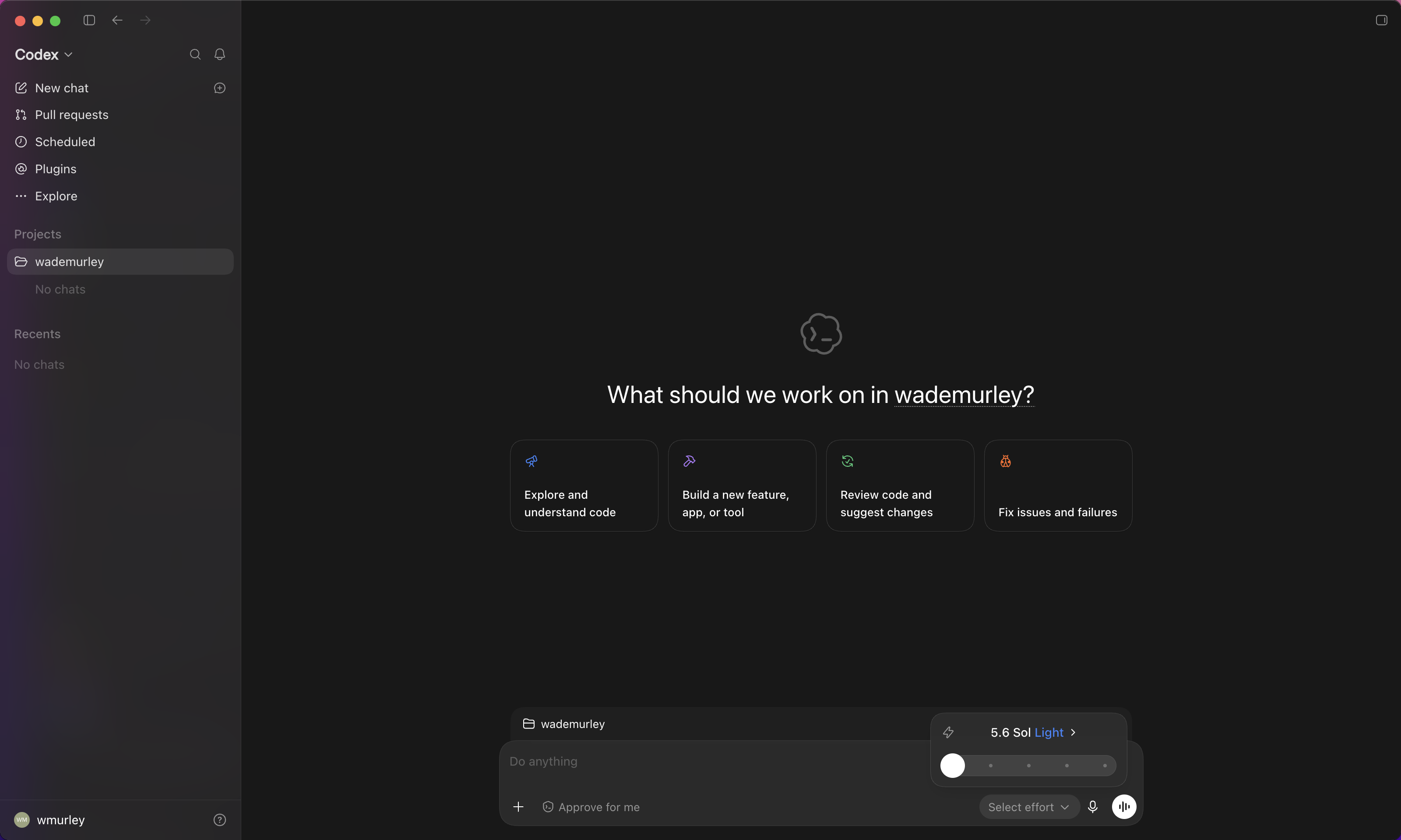 Codex's model and reasoning-effort picker open, with the default selected and nothing changed.