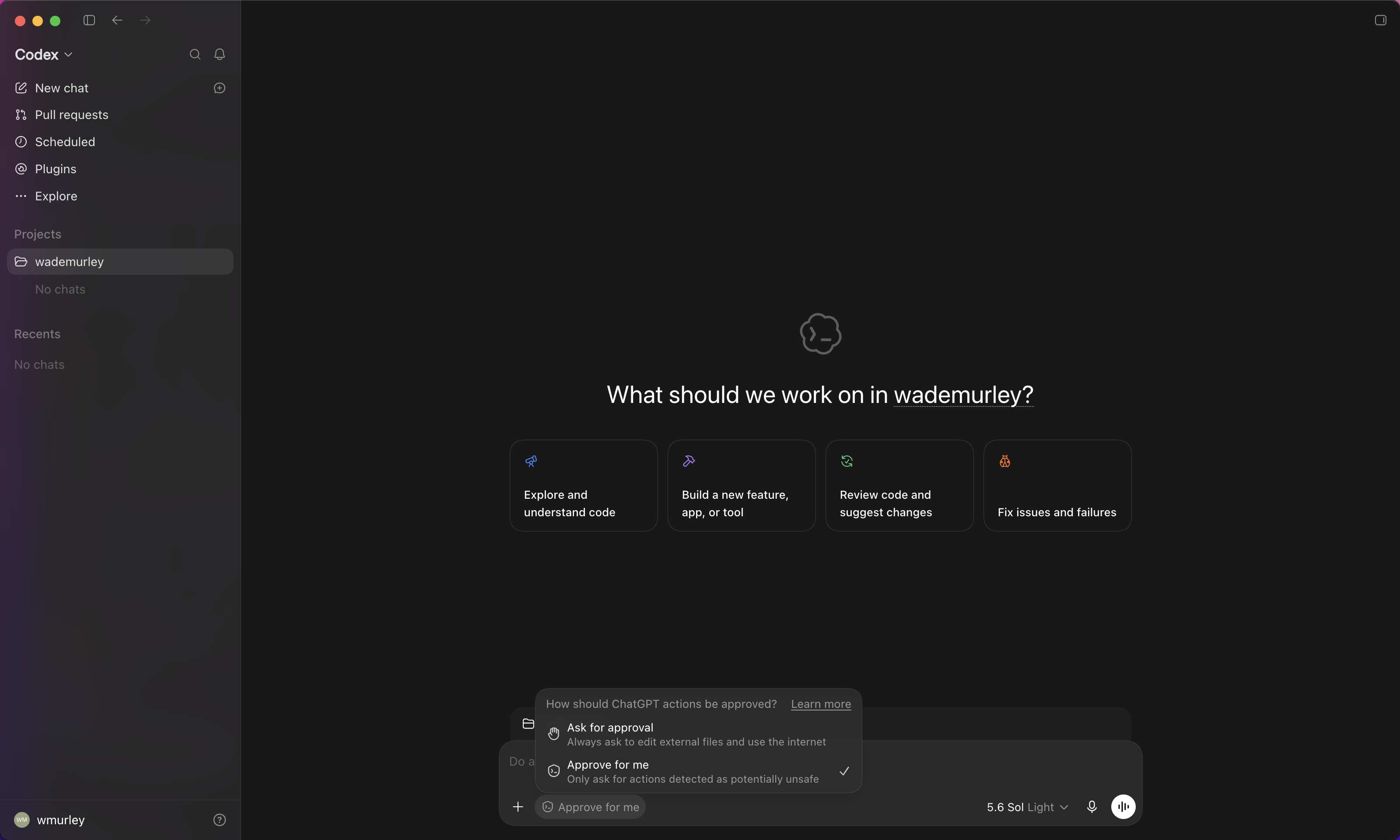 The permissions control under the box where you type, open: Ask for approval, and Approve for me checked.