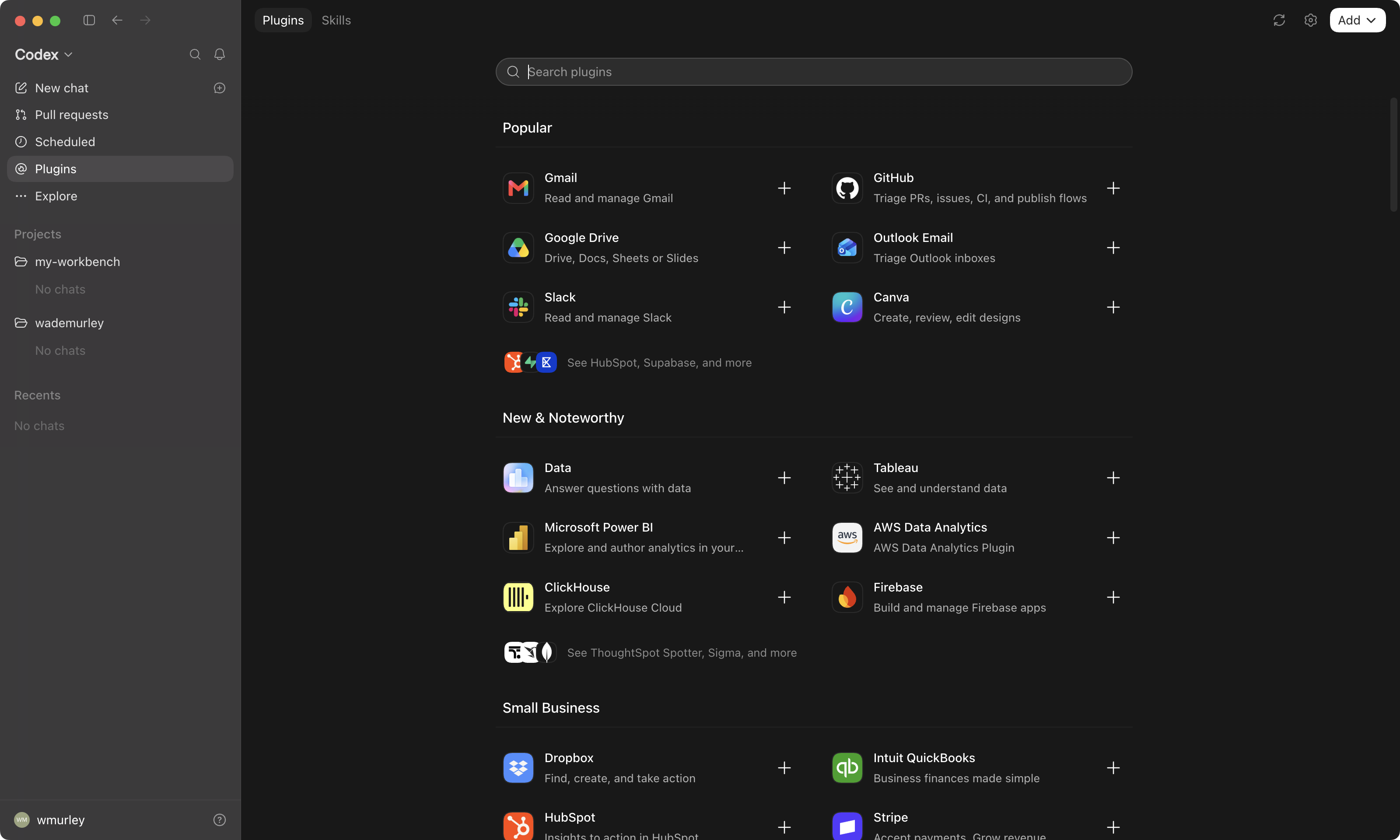 The Plugins tab open in Codex, with Gmail in the Popular list and its + to install it.