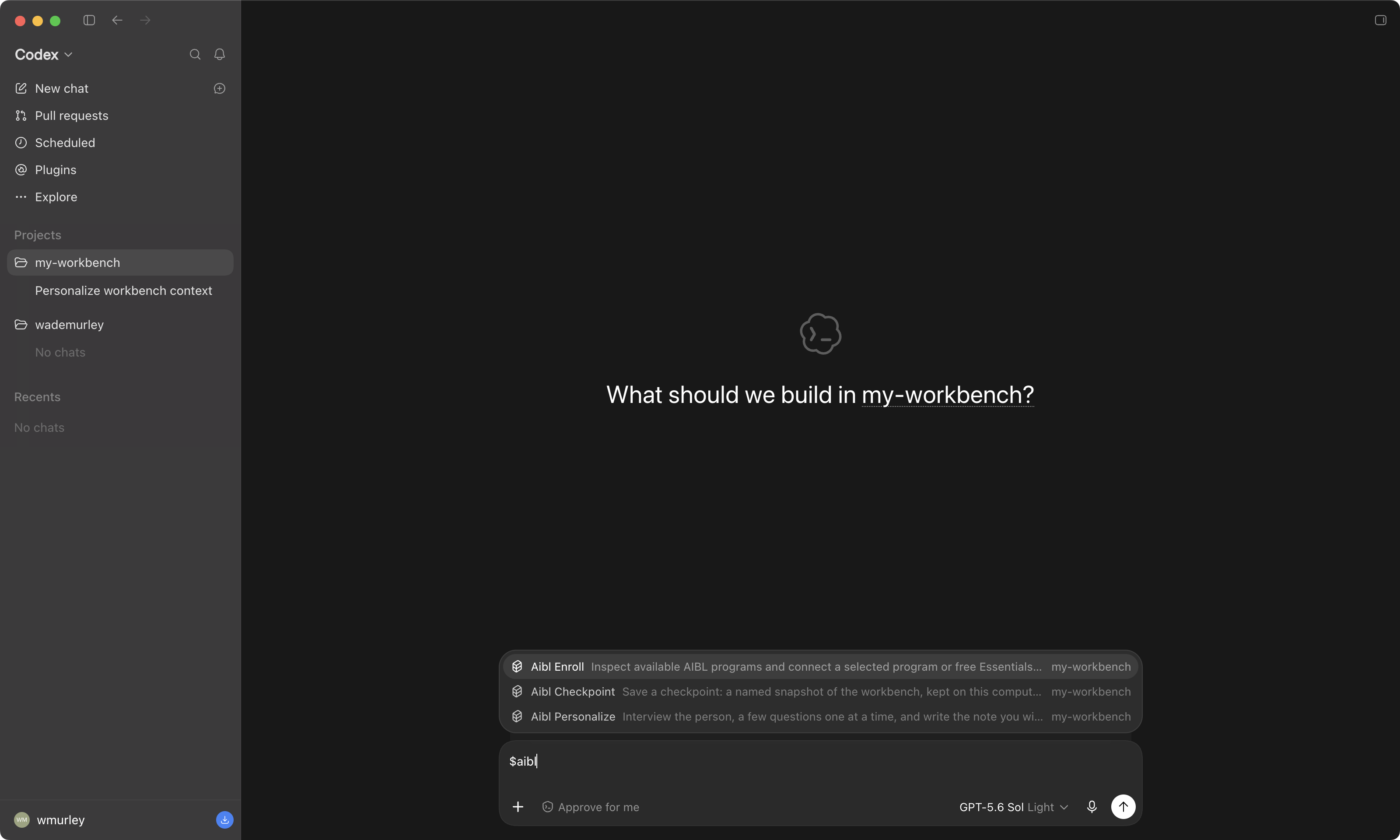 The skill picker in Codex open on my-workbench, with the aibl- skills listed.