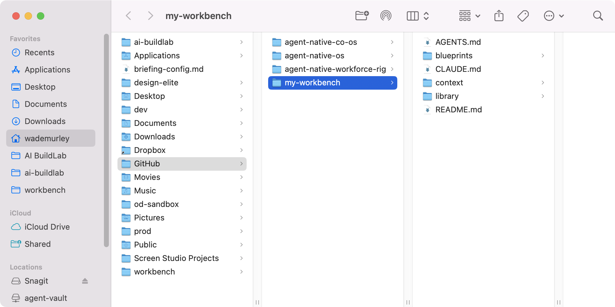 Finder open on the workbench folder the installer creates, ~/GitHub/my-workbench, with the day-one files listed.