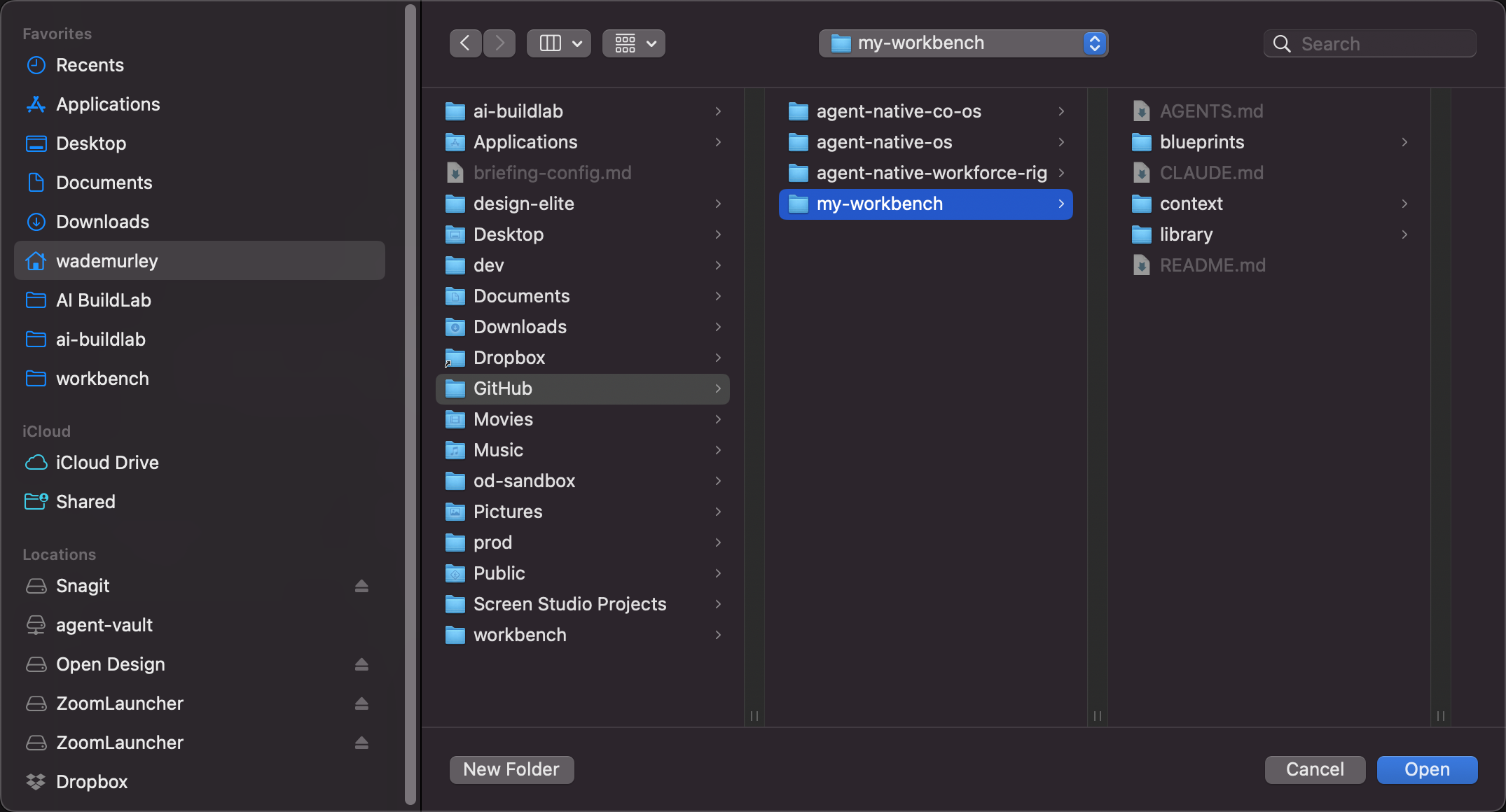 The Open panel inside the home folder: GitHub opened, `my-workbench` selected, its files visible in the next column, Open enabled.