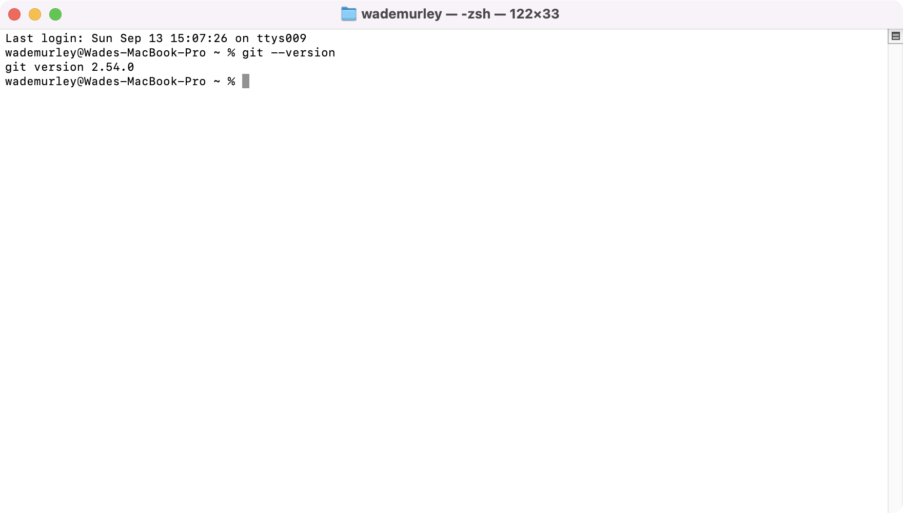 A fresh Terminal window with `git --version` typed and answered with a version line (the 'you already have Git' case).
