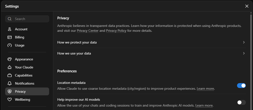 The Claude app's Settings, with Privacy selected in the left list. Under Preferences, Help improve our AI models is switched off.