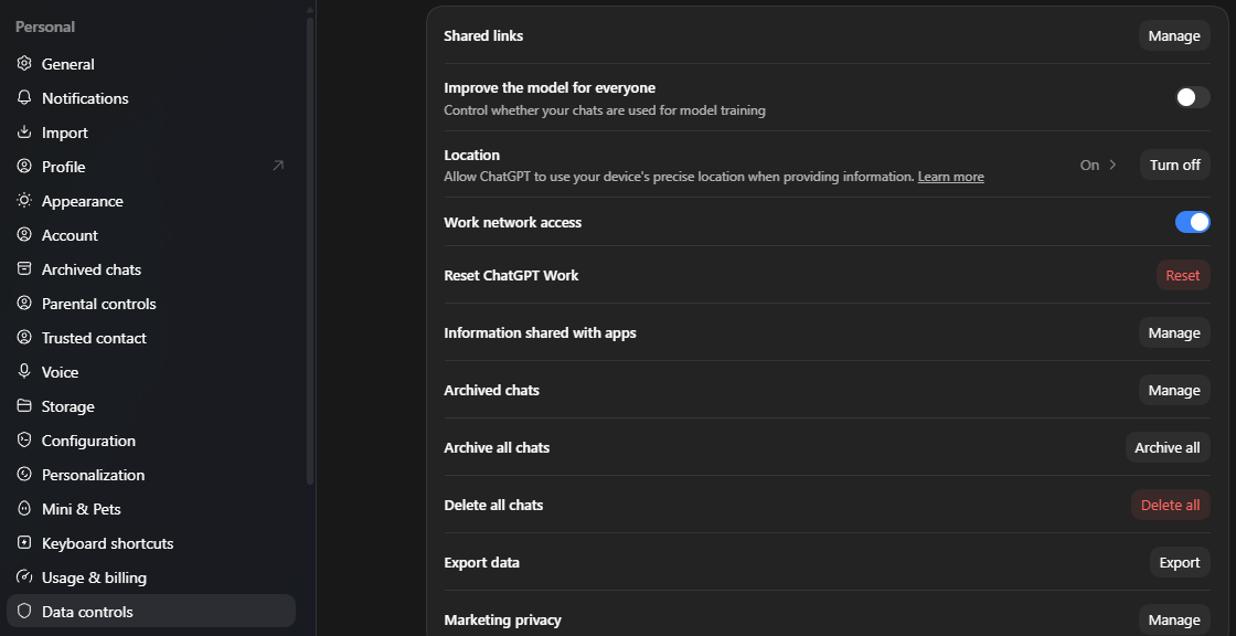 The ChatGPT app's Settings, with Data controls selected in the left list. Improve the model for everyone is switched off.