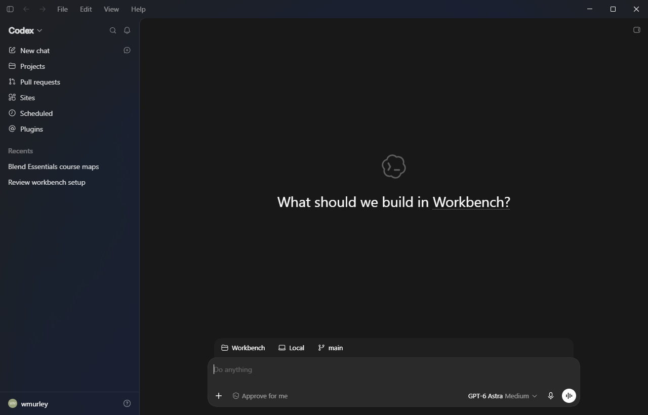 The ChatGPT app on Windows, new Codex chat on my-workbench.