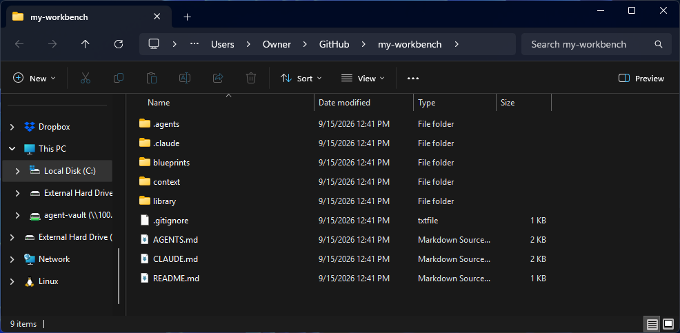 File Explorer open on the workbench folder the installer creates, C:\Users\<name>\GitHub\my-workbench, with the day-one files listed.