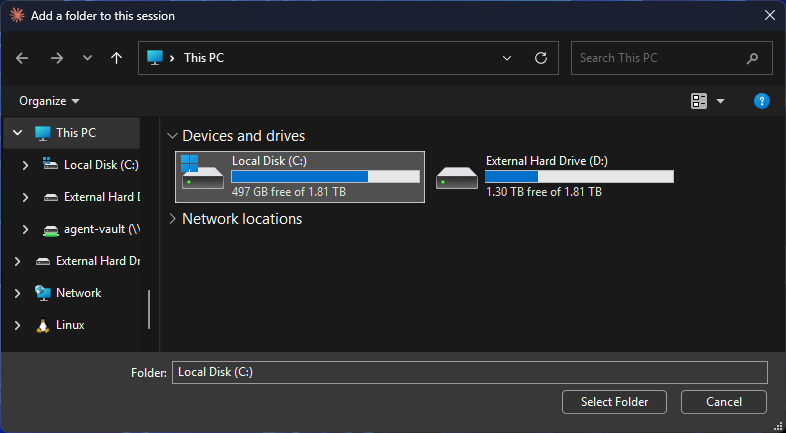 The folder picker at This PC, Local Disk (C:) highlighted.