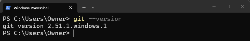 Windows PowerShell with `git --version` typed and answered with 'git version 2.51.1.windows.1'.
