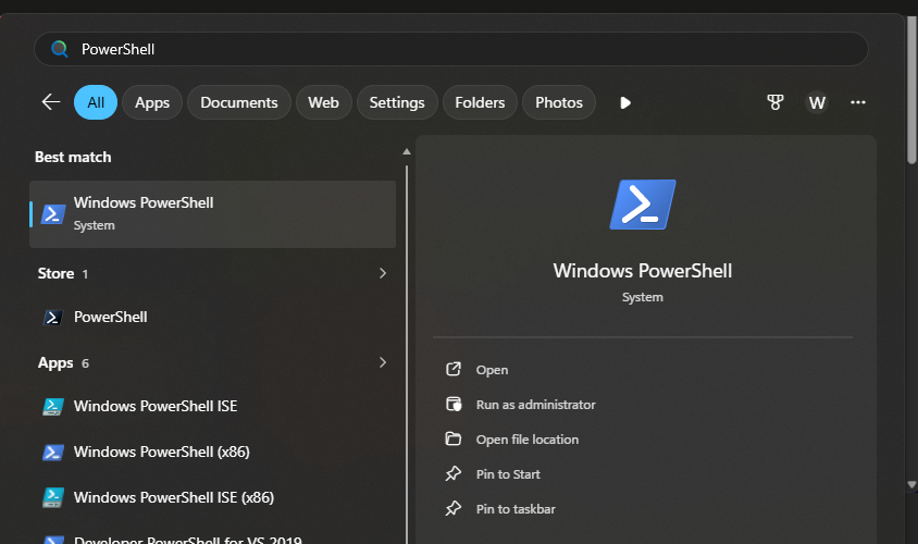 Start open with PowerShell typed in the search box, and the best match, Windows PowerShell (System), with Open on the right.