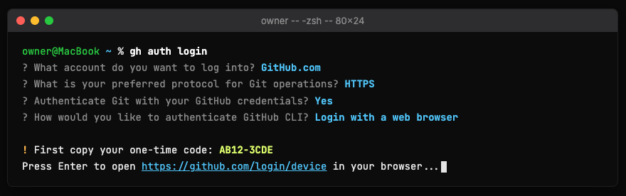 The transcript showing `gh auth login` output: 'First copy your one-time code: XXXX-XXXX' and 'Press Enter to open githu