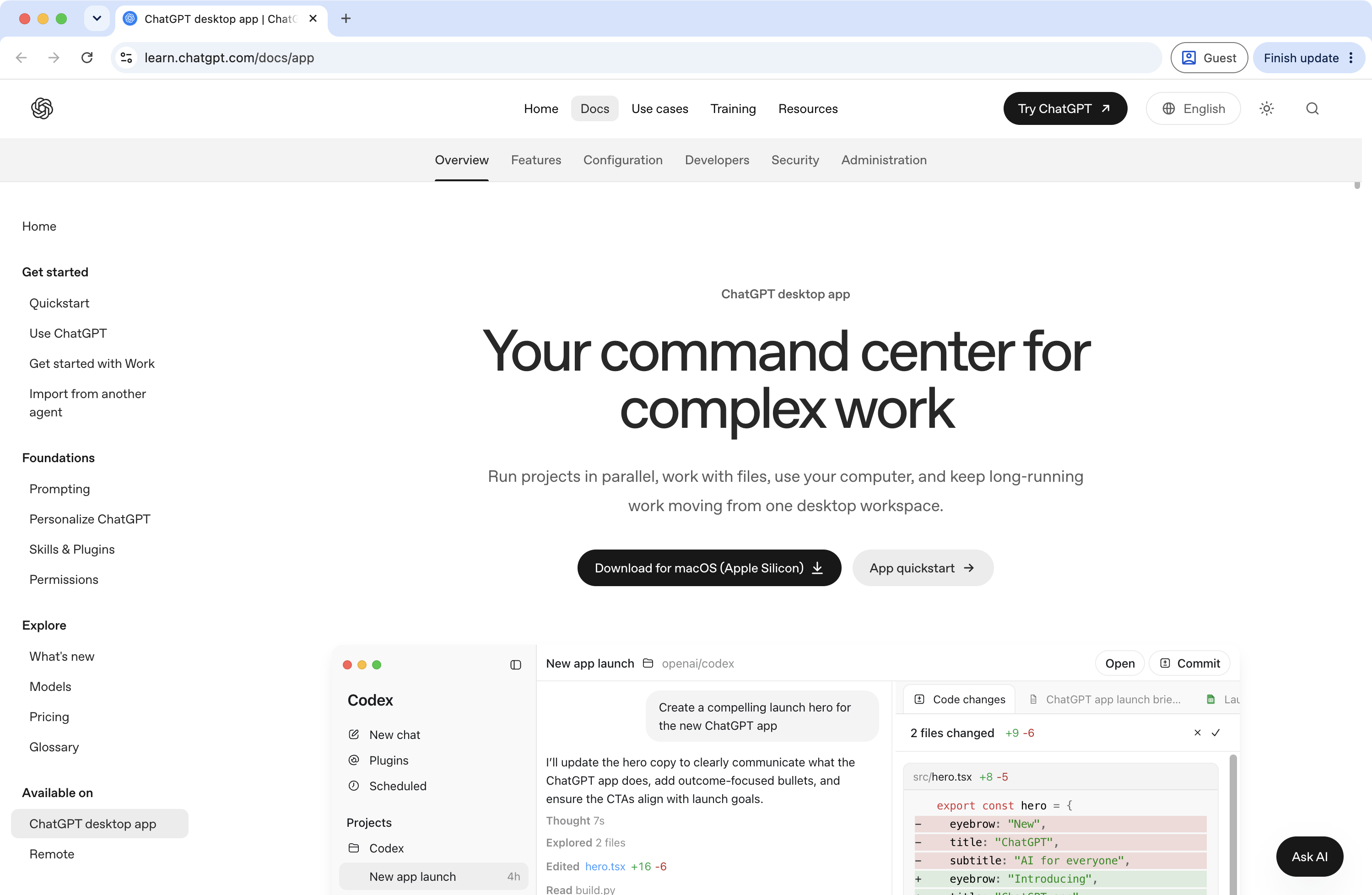 The download page for the ChatGPT desktop app (learn.chatgpt.com/codex/app, 'Download for macOS' button). VERIFY the on-