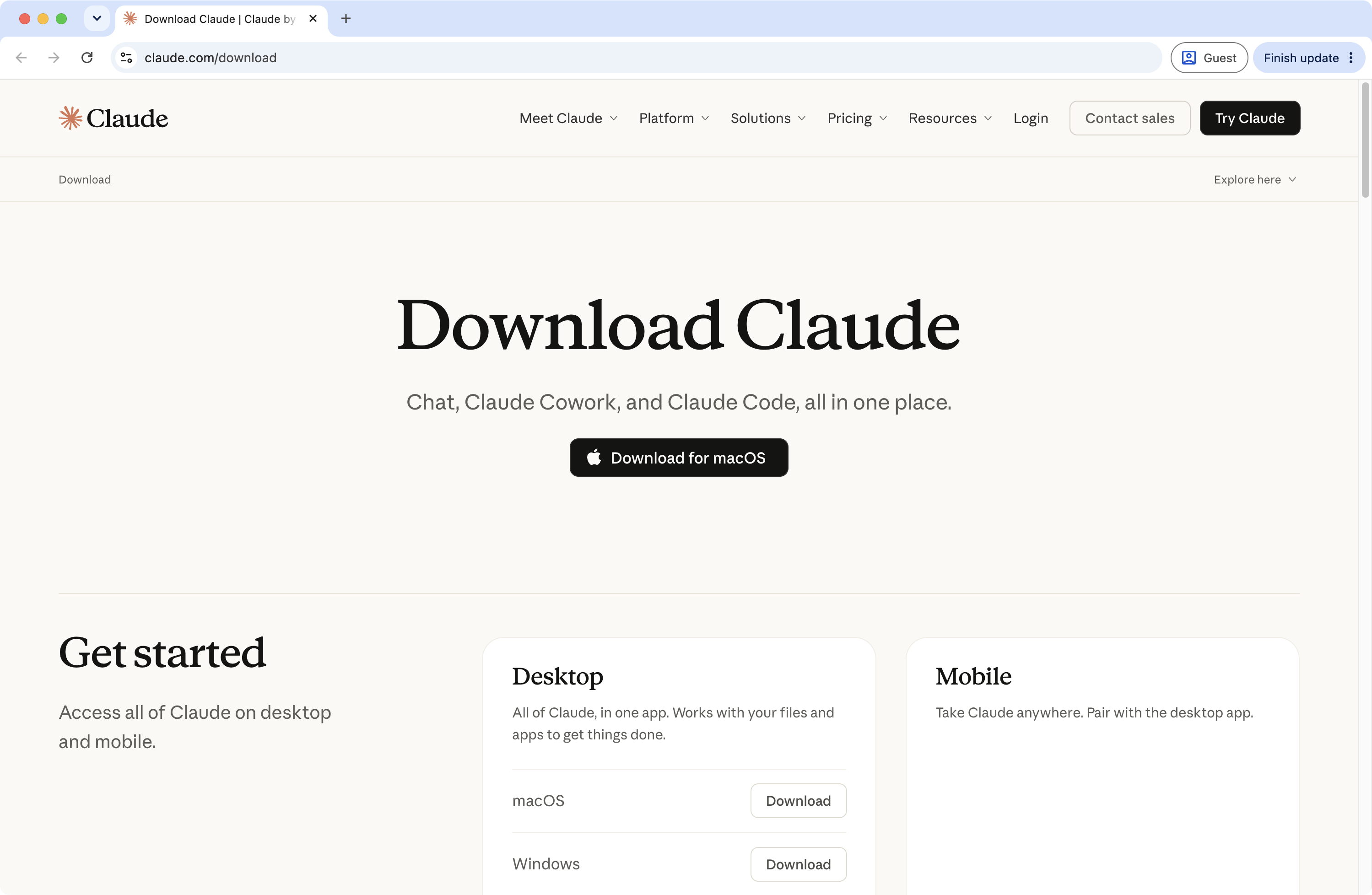 claude.ai/download with the macOS and Windows download buttons both visible. Nothing clicked.
