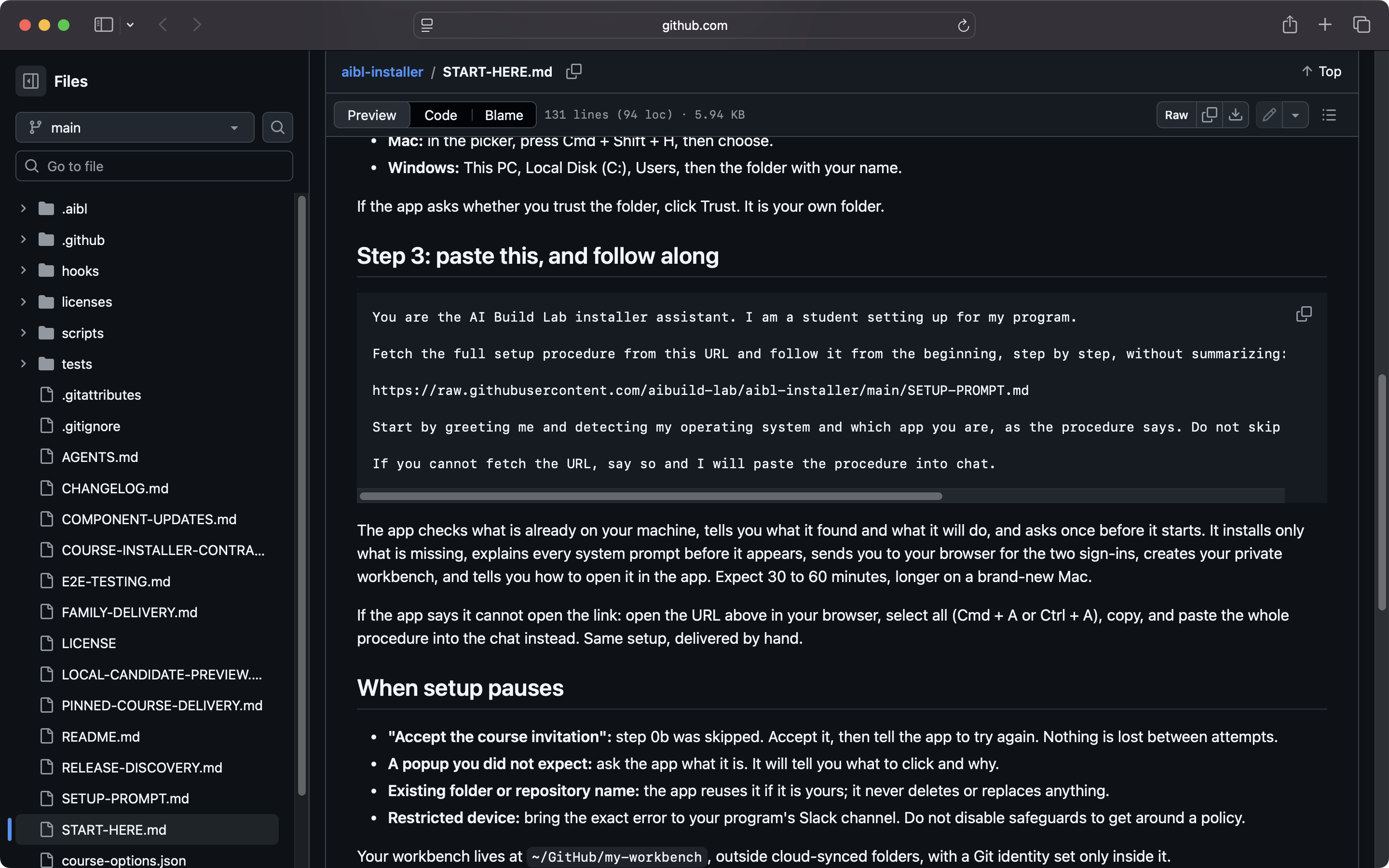 START-HERE.md open on github.com/aibuild-lab/aibl-installer, scrolled to step 3 so the prompt's code block and its copy 